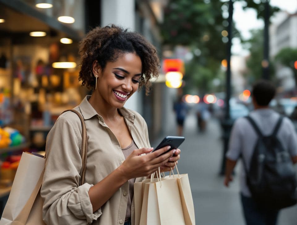 Cliente sorrindo ao receber resposta rápida no celular